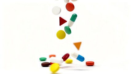 Falling colorful pills in various shapes and sizes, isolated on a white background