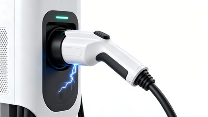 The electric charging station, the electrical current at the charging head, is placed on a white background.