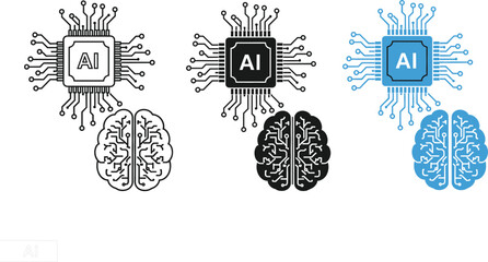 Artificial Intelligence Concept Set with AI Microchip Processors and Digital Neural Brain Circuits for Machine Learning and High Tech Automation Technology