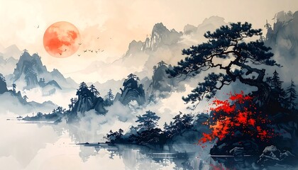 Serene Watercolor Landscape with Red Sun.