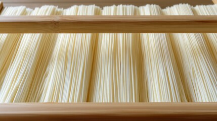 somen. Thin white Japanese somen noodles arranged neatly on a traditional bamboo drying rack, highlighting texture and orderly lines. lifestyle magazines.
