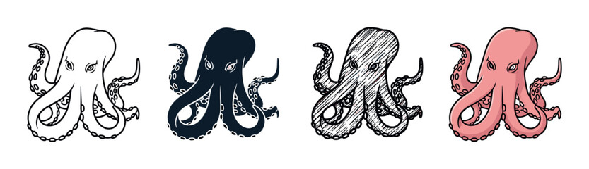 Obraz premium Four octopus illustrations in a graphic set featuring outline, silhouette, hand-drawn sketch, and colored cartoon styles, each depicting a stylized sea creature with tentacles