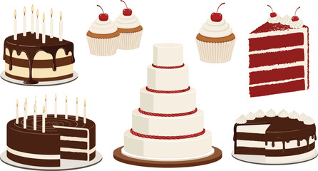 Gourmet dessert vector set featuring chocolate birthday cakes with candles, red velvet cake slices, cherry cupcakes, and a tiered wedding cake.