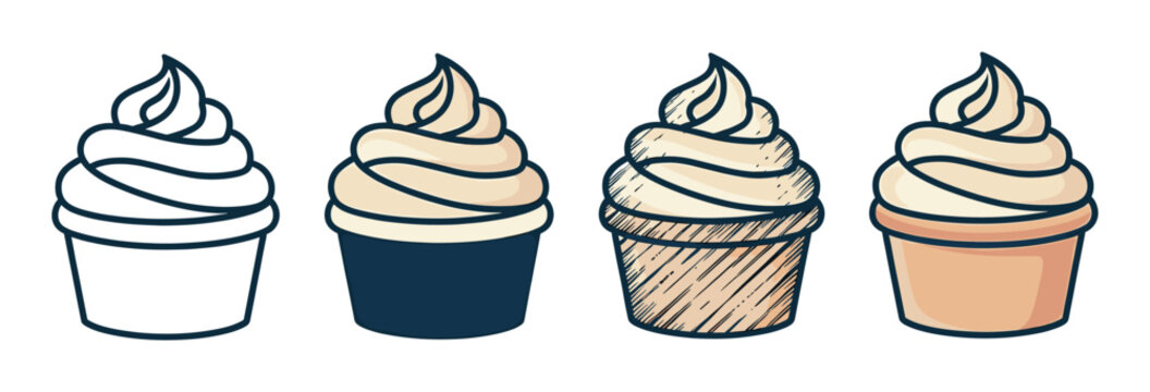 Four soft serve ice cream cup illustrations in a hand-drawn doodle style, showing a collection of icons with line art, color, and sketched texture variations for design