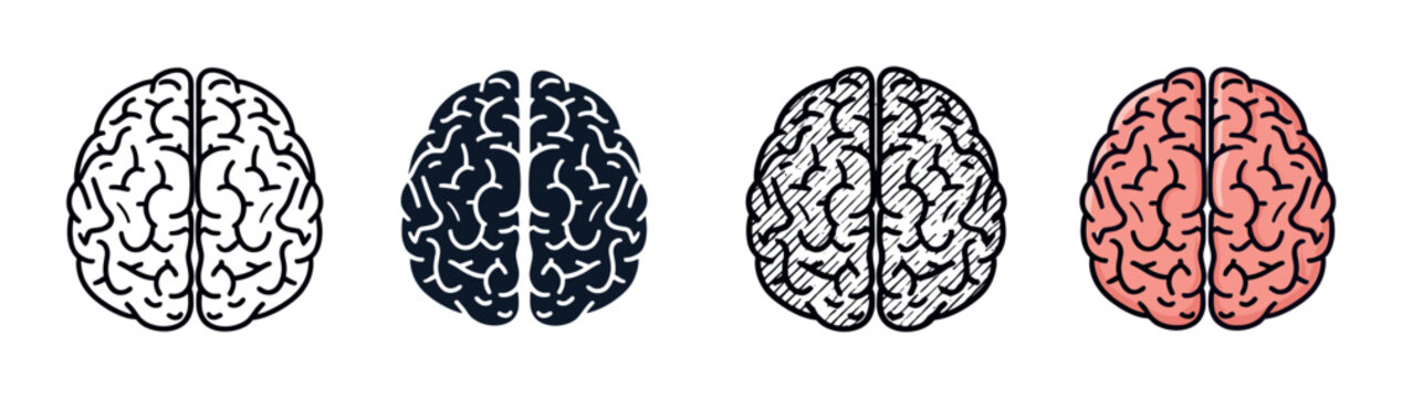 Set of four human brain icons presented in various artistic styles including simple line art, a solid silhouette, a hatched sketch, and a full color cartoon illustration