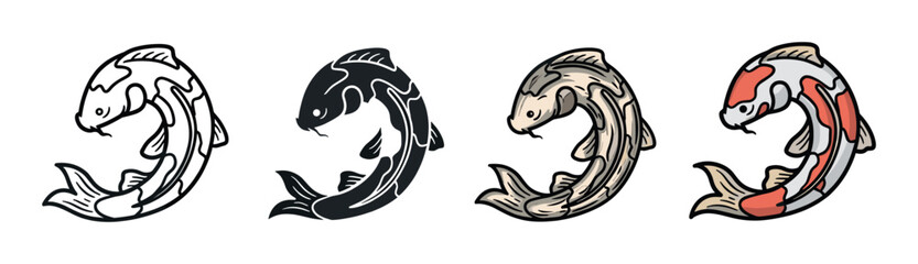 Obraz premium Set of four illustrated koi fish in a traditional Asian art style showing different variations like line art, silhouette, and full color for logos or tattoos