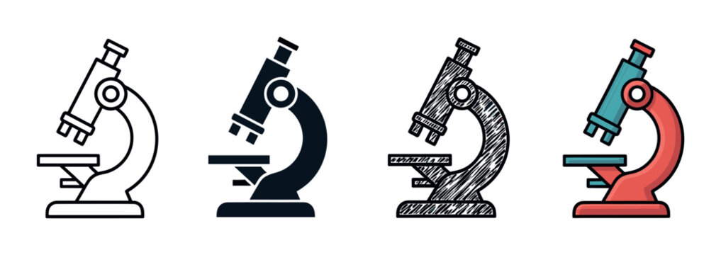 Set of four microscope icons showing different design styles including line art, solid glyph, hand-drawn sketch, and a simple colored cartoon illustration for science concepts