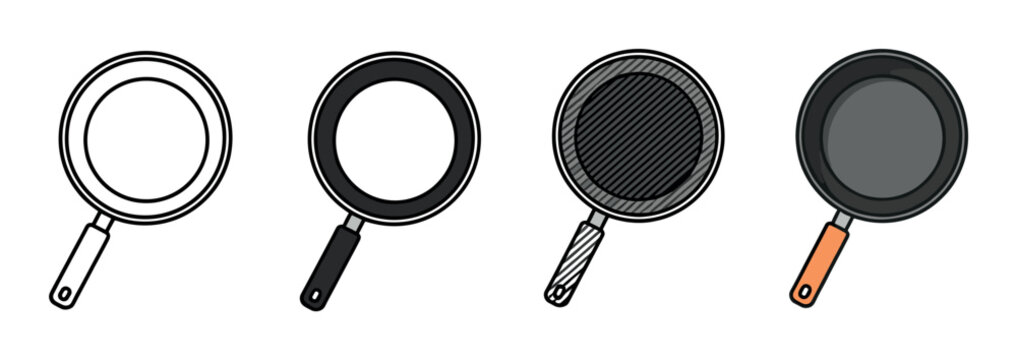 Set of four frying pan illustrations showing different graphic styles including line art, monochrome, grill pan, and a full color version in a clean, top-down view