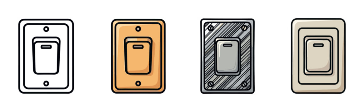 Four different light switch icon illustrations in a hand-drawn cartoon style, showing line art, colored, and textured variations of an electrical wall toggle in the off position