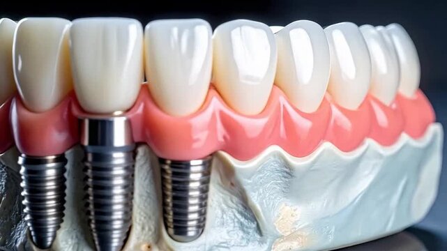 Dental implant model showcases the process of tooth replacement with artificial roots.