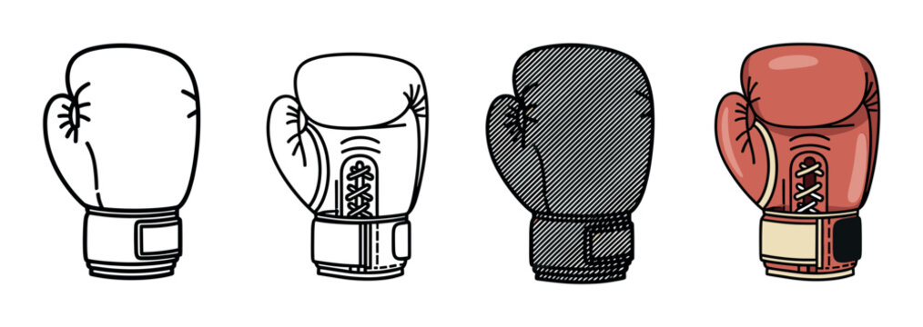 Set of four boxing glove illustrations showing different styles, from a simple outline and detailed line art to a textured black version and a full color cartoon drawing