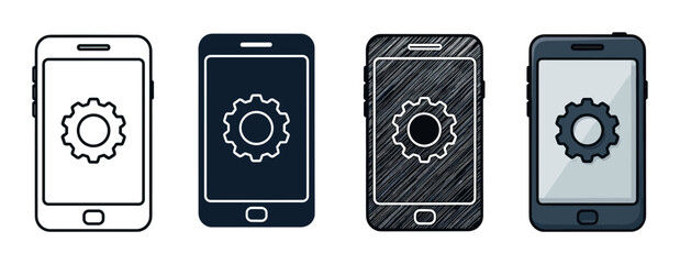 Set of four smartphone icons with a gear symbol, illustrating mobile device settings in various styles including outline, glyph, hand-drawn scribble, and flat color design