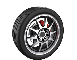 Obraz premium High-Performance Car Wheel Assembly Isolated: Detailed 3D Rendering of Alloy Rim, Radial Tire Tread, and Red Brake Caliper on Transparent PNG Background for Auto Design and Sport Tuning Projects.
