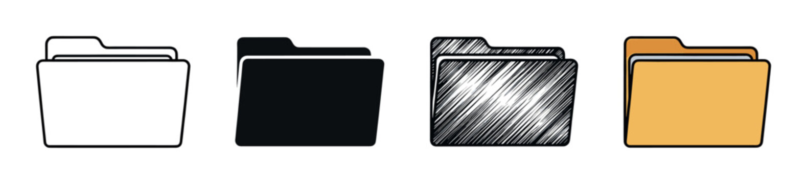 Set of four file folder icons showing different graphic design styles including outline, silhouette, hand-drawn sketch, and classic flat color for digital or print use