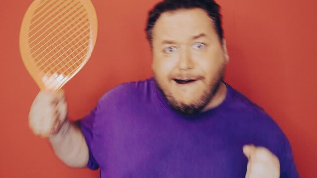 A funny fat man doing fitness. Retro style.