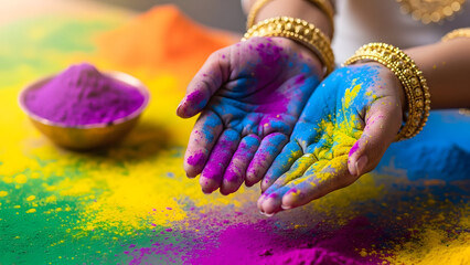 Obraz premium Vibrant hands celebrating happy holi with colorful powder