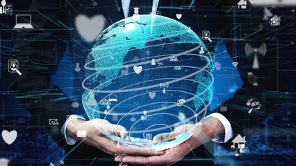 A businessman in a suit holds a digital globe showcasing various network icons, emphasizing global connectivity, technology, and modern communication trends. Xenic