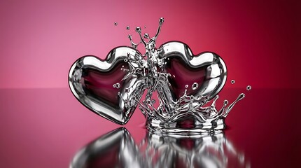 Two silver hearts made of metal with water splashing on pink background