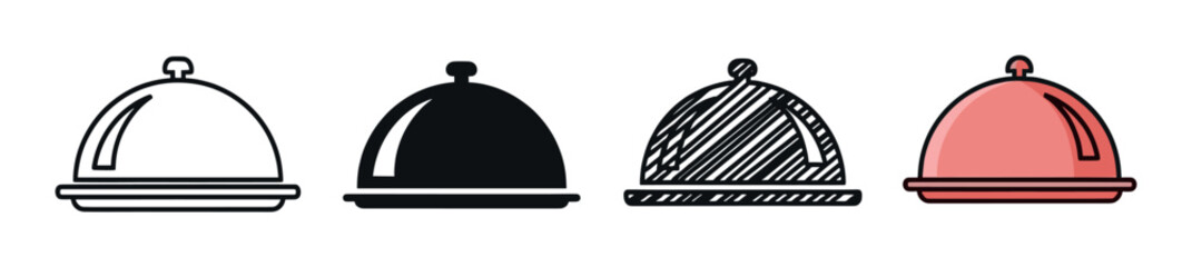 Obraz premium Set of four food cloche icons presented in different styles including outline, silhouette, hand-drawn sketch, and simple flat color for restaurant and catering service concepts