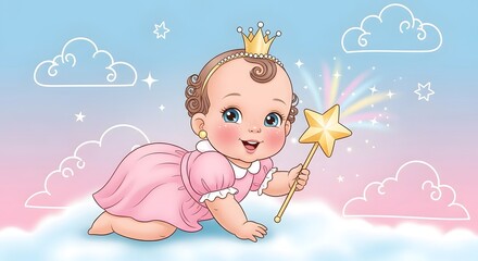 Adorable baby princess crawling magic star wand fantasy drawing