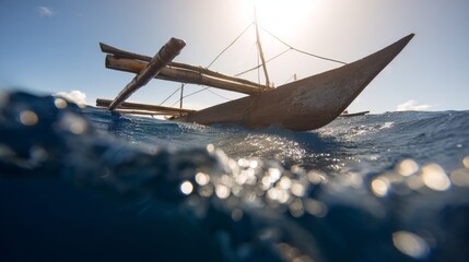 outrigger. Traditional canoe with wooden outrigger on calm blue ocean under tropical sun. mobility guides, transit brochures, designed for mobility and urban transit guides.
