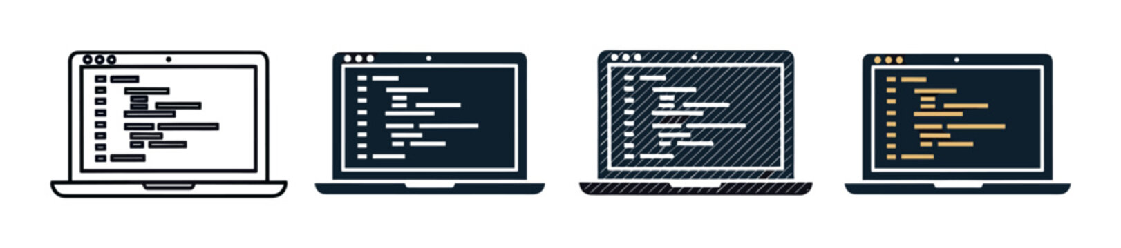 Set of four laptop computer icons showing programming code on the screen, a collection of flat, line art, and textured vector illustrations for web development concepts