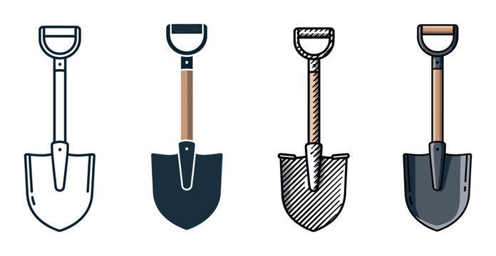Set of four shovel or spade icons presented in various artistic styles including line art, flat design, hand-drawn sketch, and cartoon for graphic design elements
