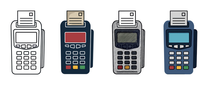 POS terminal payment device icon set with four different illustration styles including a simple outline, flat color, and a textured hand-drawn version for business concepts