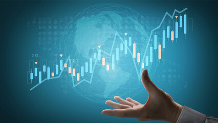 Dynamic business concept featuring a hand reaching towards a rising financial chart with a global map, showcasing growth trends and data visualization elements. Gantry