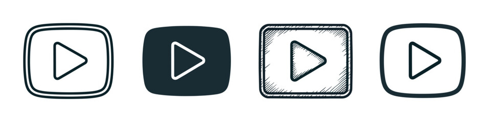 Four different play button icon variations presented in a row, featuring minimalist line art, solid glyph, and hand-drawn sketch styles for user interface design