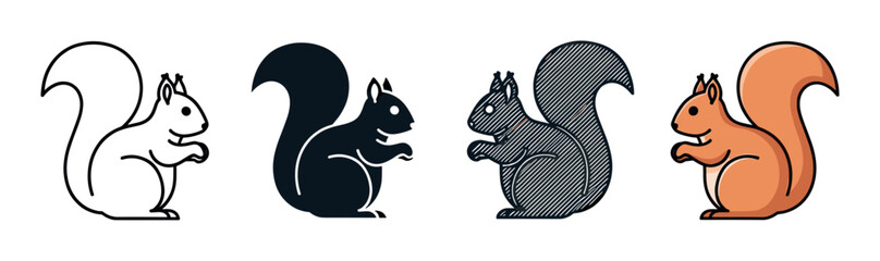 Obraz premium Set of four squirrel illustrations in various graphic styles including simple line art, a solid black silhouette, a textured version, and a colored cartoon design element
