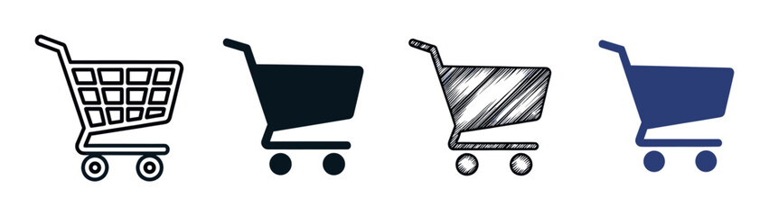 Set of four shopping cart icons presented in various styles including outline, solid silhouette, and hand-drawn sketch for e-commerce and retail graphic design