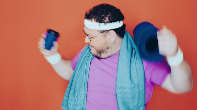 A funny fat man doing fitness. Retro style.