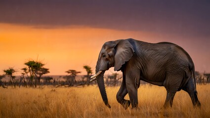 Obraz premium African Elephant Striding Golden Sunset Dramatic Sky
