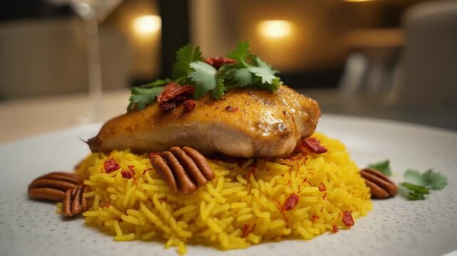 Grilled salmon fillet on turmeric rice with pecans and herbs in restaurant background