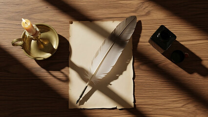 Feather quill pen on aged parchment with lit candle and inkwell on wooden desk