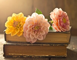 Vintage Books with Flowers on Top.
