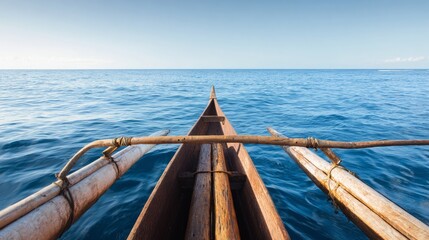 outrigger. Traditional canoe with wooden outrigger on calm blue ocean under tropical sun. mobility guides, transit brochures, designed for mobility and urban transit guides.
