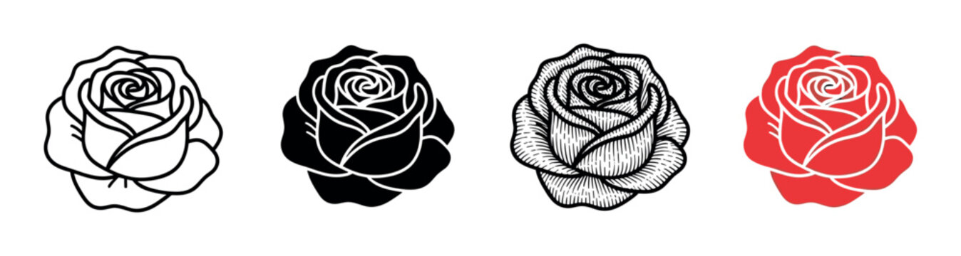 Set of four rose flower illustrations in different graphic styles including outline, silhouette, engraved hatching, and a simple red and white color version for design
