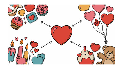 Valentine's Day Icon Cluster: A vibrant illustration showcasing the multifaceted expressions of love, centered around a heart and radiating warmth.