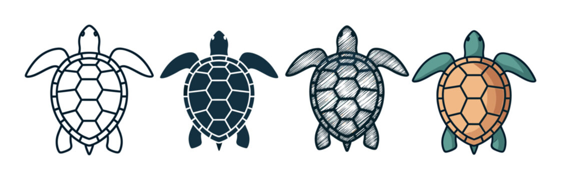 Set of four sea turtle icons showing various artistic styles like outline, solid silhouette, hand-drawn sketch, and flat color for marine wildlife and conservation themes