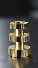 interlocked. Two interlocked brass gears turning against a dark, blurred background. safety posters, maintenance manuals, designed for precision metalworking and fabrication facilities.
