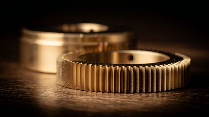 interlocked. Two interlocked brass gears turning against a dark, blurred background. safety posters, maintenance manuals, designed for precision metalworking and fabrication facilities.
