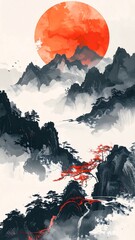 Watercolor Painting of Mountains and Red Sun.