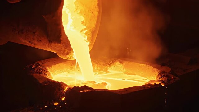 Molten metal being poured into a furnace in an industrial setting viewed from above