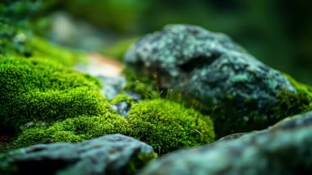 Close up view of vibrant green moss and rocks outdoors in natural setting