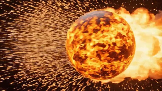 Fiery sphere hurtles through space, leaving a trail of sparks and smoke.