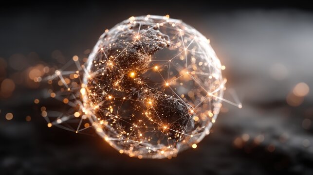 Detailed representation of a digital globe with connected lines and glowing elements showcasing global connectivity - Powered by Adobe