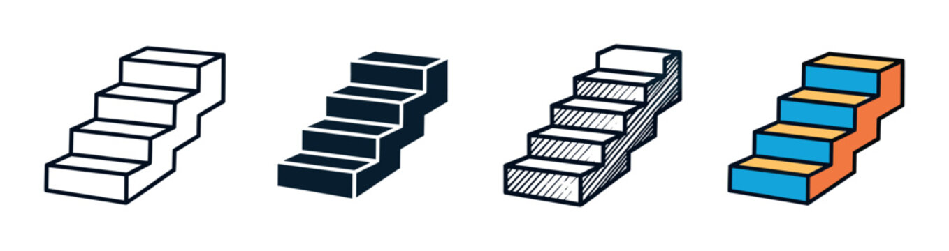 Set of four stair vector icons presented in different graphic styles including simple outline, solid silhouette, hand-drawn sketch, and a modern colorful version