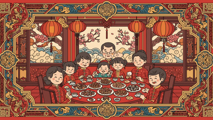 Obraz premium Lunar new year, of an elaborate family reunion dinner scene, rich with traditional decorations, lanterns, and a joyous multi-generational gathering.